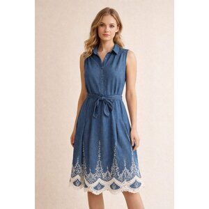 Westport 1962 Chambray Dress SZ 8 Blue Sleeveless Lace Hem Spring Garden Party